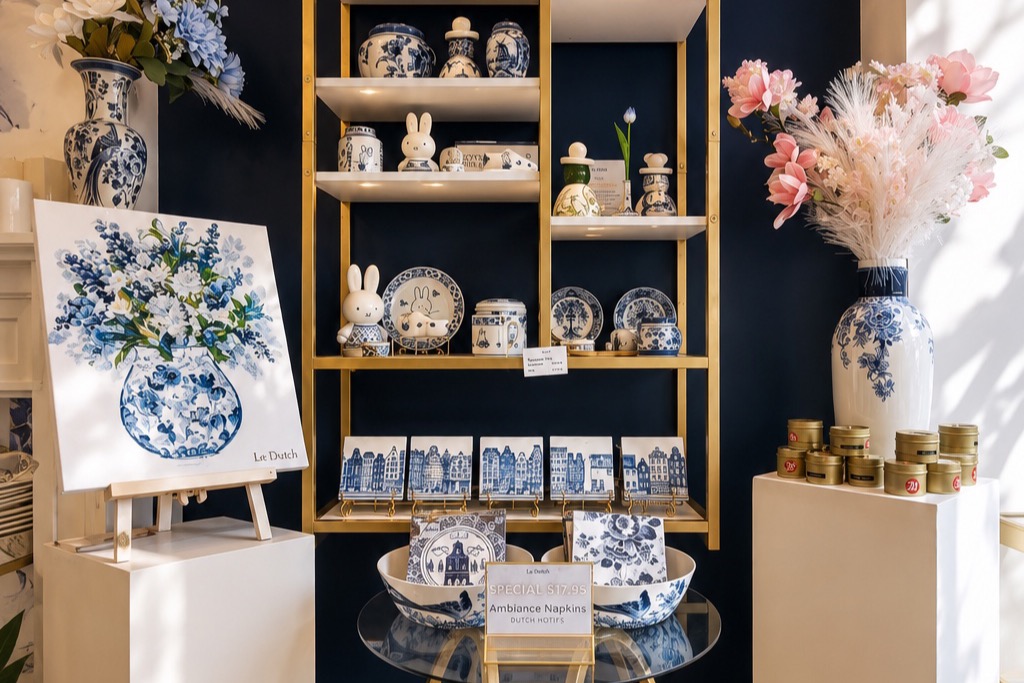 Curated Delft Blue porcelain, art and flowers displayed inside Le Dutch.